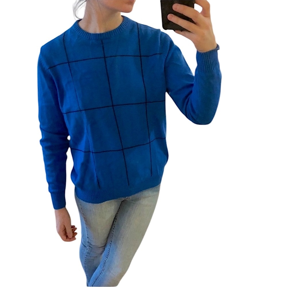 Vintage JOHN ASHFORD Blue Black Checked Cotton Crew Neck Pullover Sweater Jumper - Picture 13 of 16